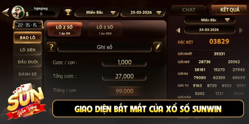 Giao diện bắt mắt của xổ số Sunwin